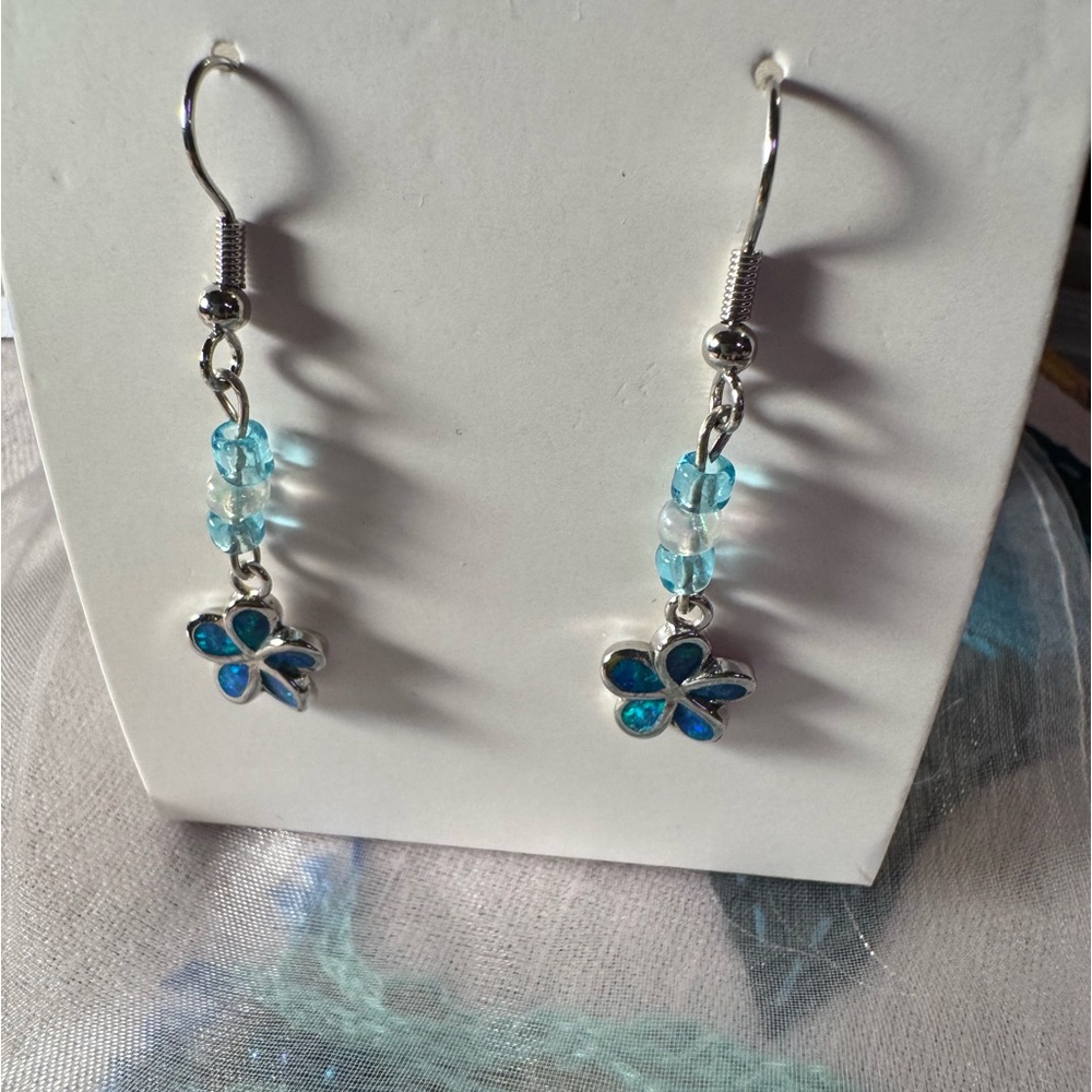 Silver and Blue Butterfly Dangle Earrings - Picture 1 of 3
